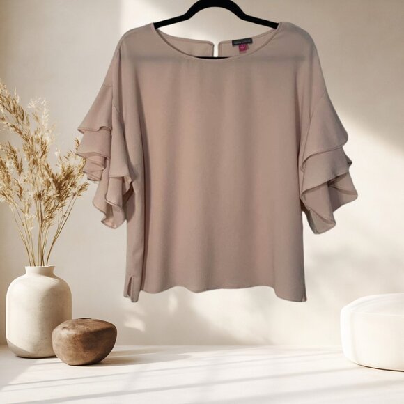 Vince Camuto Tiered Ruffle Sleeve Blouse Size L | Neutral Peachy Beige - Picture 3 of 11